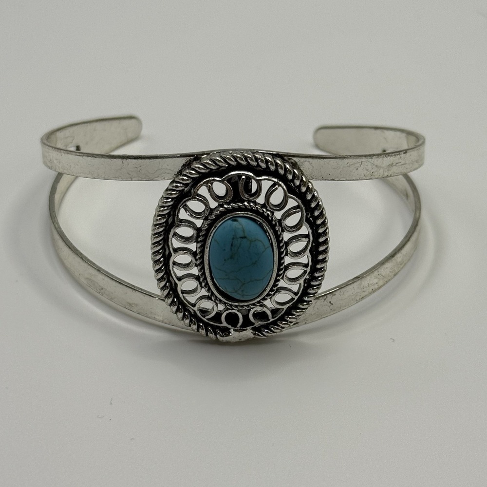Southwest Style Bracelet Open Cuff Medallion Blue Rhodium Silver Tone Slip-on